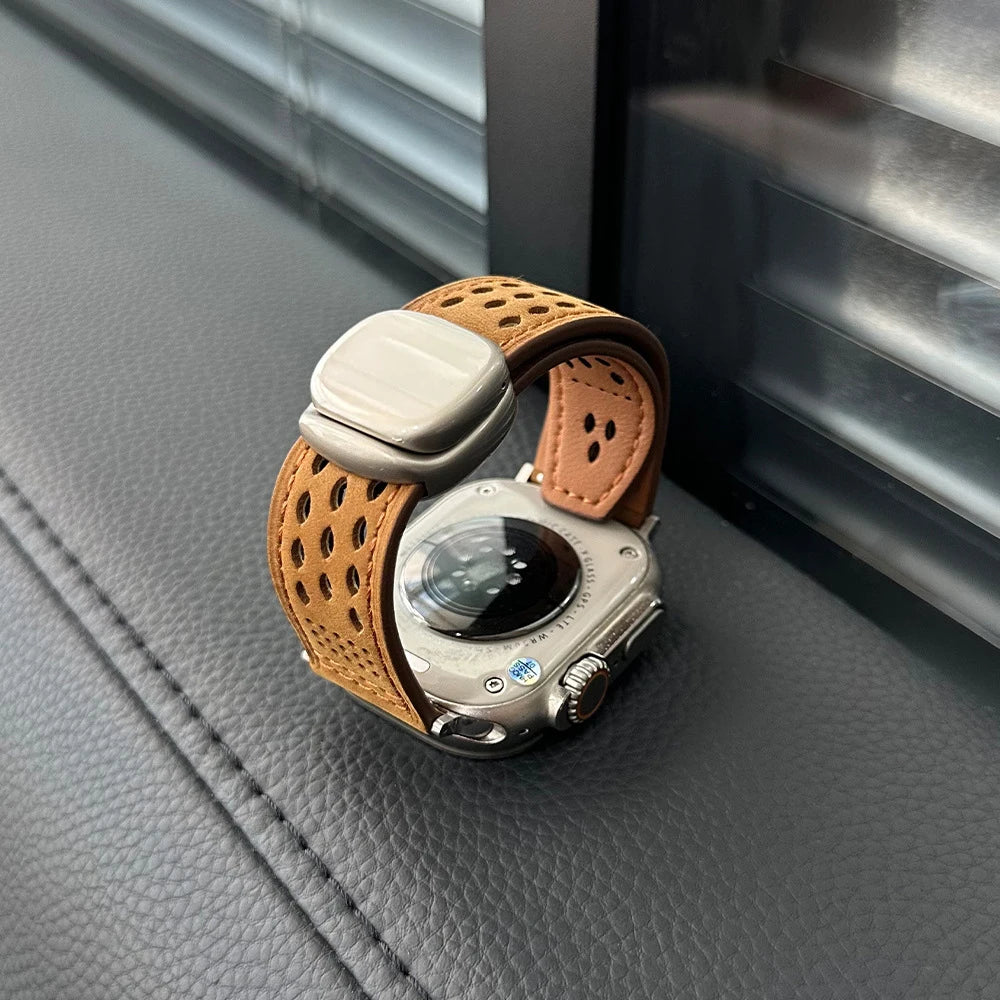 حزام ساعة iWatch من أبل جلد طبيعي|مشبك مغناطيسي|مريح وقابل للتهوية