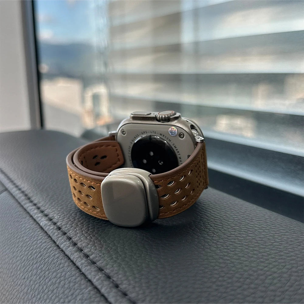 حزام ساعة iWatch من أبل جلد طبيعي|مشبك مغناطيسي|مريح وقابل للتهوية