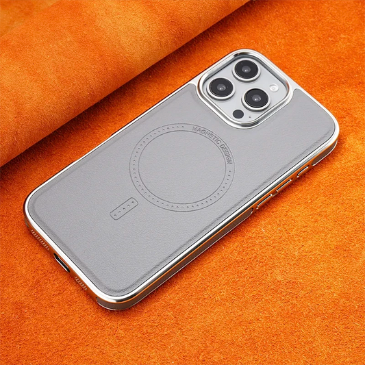 فاخر جراب iPhone للشحن اللاسلكي مع تصميم أنيق بلون رمادي.