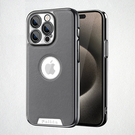 Elegant leather iPhone case with electric-plated frame, showcasing sleek design and Apple logo.